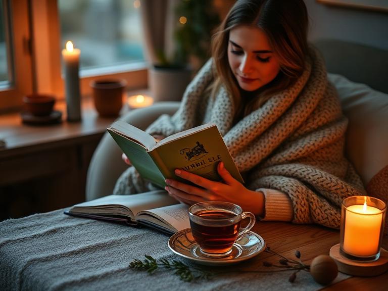 Жінка відпочиває ввечері з книгою та трав'яним чаєм — здоровий вечірній ритуал замість нічних перекусів