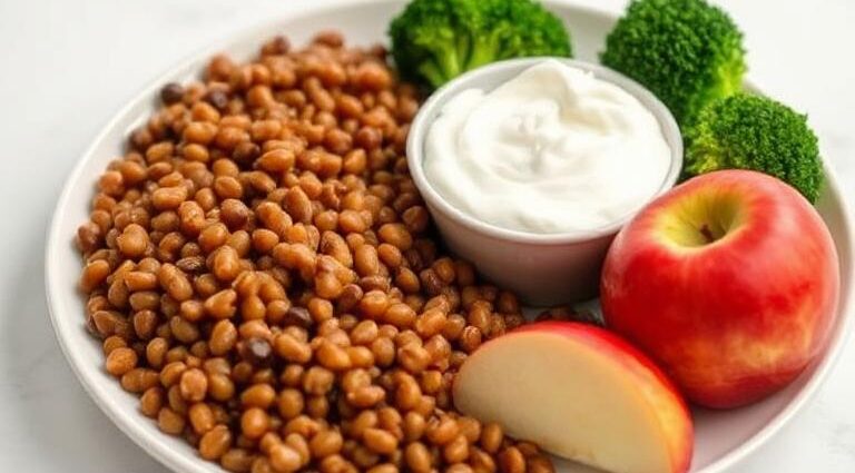 Тарілка з корисними продуктами: сочевиця, броколі, грецький йогурт і яблука