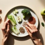 Тарілка з продуктами, багатими на клітковину, у мінімалістичному стилі на світлому фоні