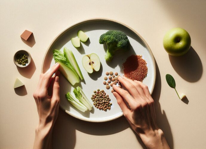 Тарілка з продуктами, багатими на клітковину, у мінімалістичному стилі на світлому фоні